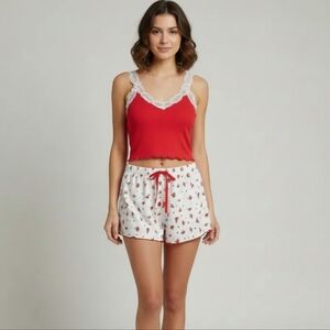 Women's Pajama Set, Crop Top and Shorts set, Floral Pajamas, Lounge Set - Red